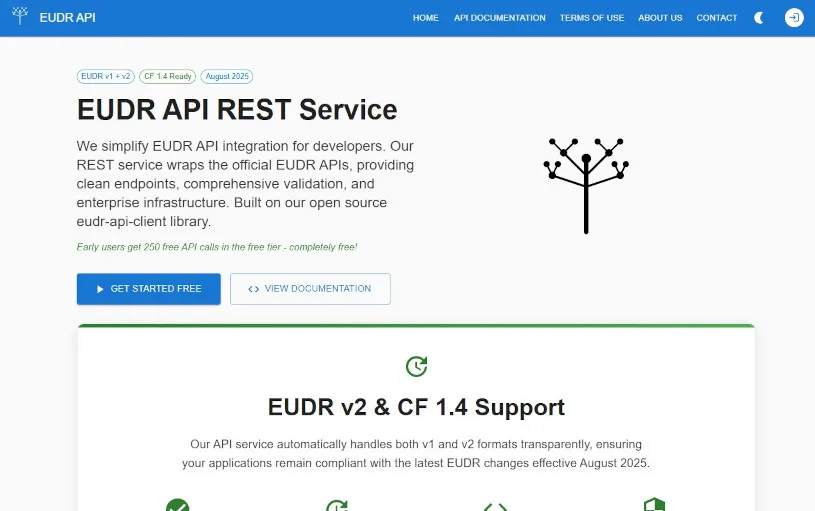 EUDR API landing page showing the service title, a summary of the REST wrapper around the official EUDR APIs, version badges for EUDR v1 and v2, and a line-drawn tree mark.