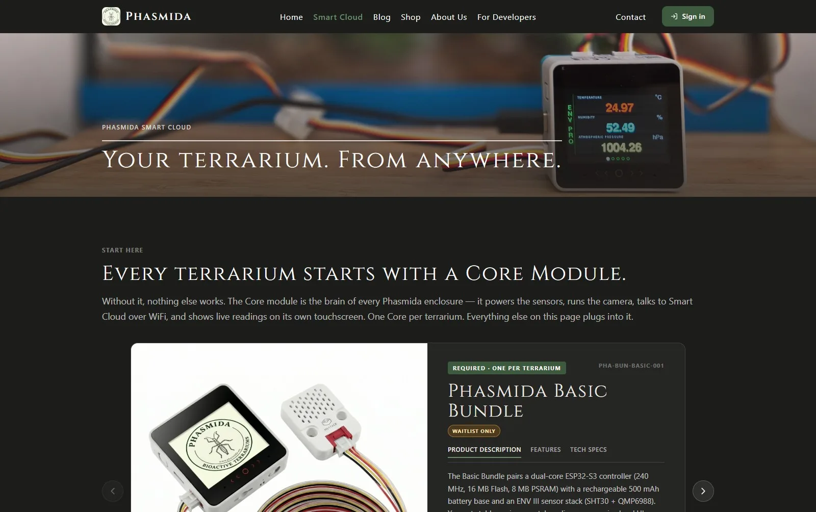 Phasmida Smart Cloud page showing an ENV PRO sensor node on a workbench with live temperature, humidity and atmospheric pressure readings on its touchscreen, above a product panel for the Core Module bundle listing its ESP32-S3 controller and sensor stack.