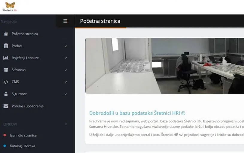 Štetnici HR administration view with a dark navigation sidebar listing data, reports and analysis, code lists, CMS and security sections, beside a welcome panel describing the redesigned forest pest reporting portal and its database.